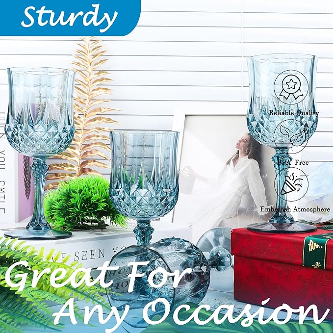 Plastic Wine Glasses，Plastic Goblets Vintage Style Cordial Drinking Glasses for Wedding Reception, Grand Event Party Supplies (24, Dusty Blue)