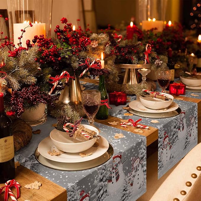 Christmas Snowman Cotton Linen Table Runner for Dining Kitchen, Snowflakes Xmas Pine Tree Wedding Outdoor Party Tablerunner Decoration Winter Bird Dresser Scarf Coffee Tablecloth Runners 13x48 Inches