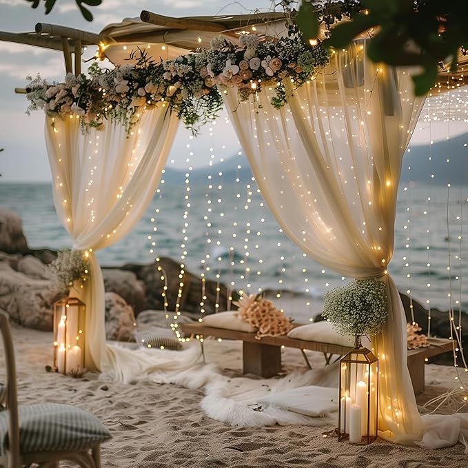 Fomcet Tulle Backdrop Curtains Champagne 30FT X 10FT Tulle Curtain with Lights String Sheer Backdrop Curtains for Parties Wedding Baby Shower Photo Shoot Decorations (6 Panels 5 x 10FT)