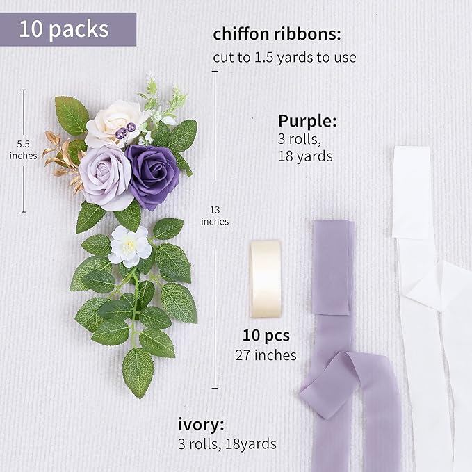 Artificial Flowers for Wedding Aisle, Purple Roses, Gold Leaves and Ribbon