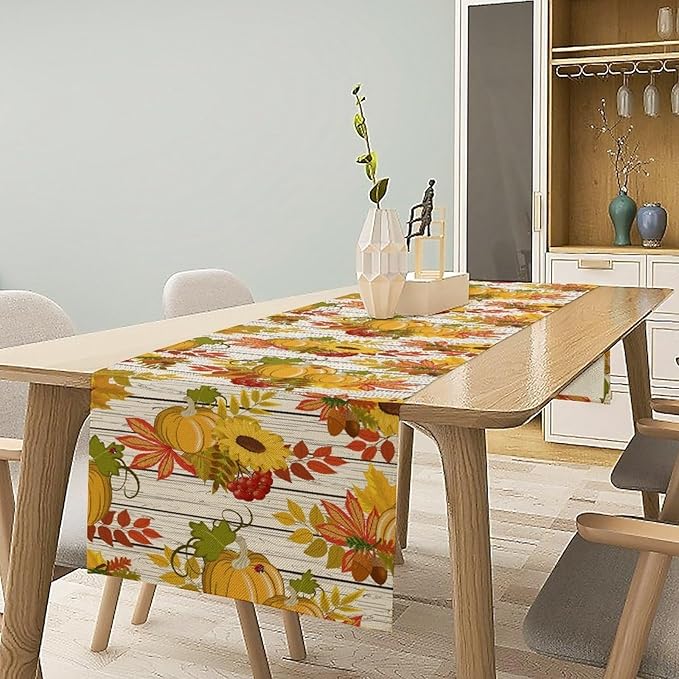 Autumn Table Runner,Seasonal Pumpkins Thanksgiving Kitchen Dining Table Decoration for Home Party Decor 13x108 Inch