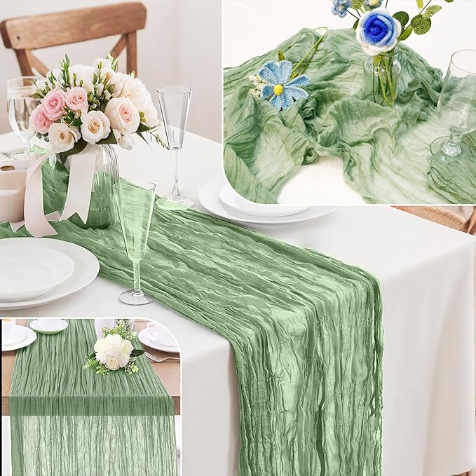 6-Pack Sage Green Cheesecloth Table Runners – 10FT (35x120 Inch) Boho Rustic Gauze Fabric Cheese Cloth Table Runner for Weddings, Baby Showers, Bridal Shower, Farmhouse & Birthday Party Decor