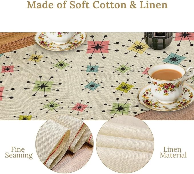 Mid Century Table Runner, Flag Retro Atomic Starburst 1950s Abstract Geometric Space Tabletop Decoration for Home Kitchen Restaurant Table Flag 13x108 Inch
