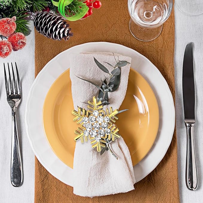 Halatool Christmas Napkin Rings Set of 12, Gold Snowflake with White Rhinestone Napkin Holder for Christmas Thanksgiving Winter Holiday Place Setting, Weddings, Party Table Decoration