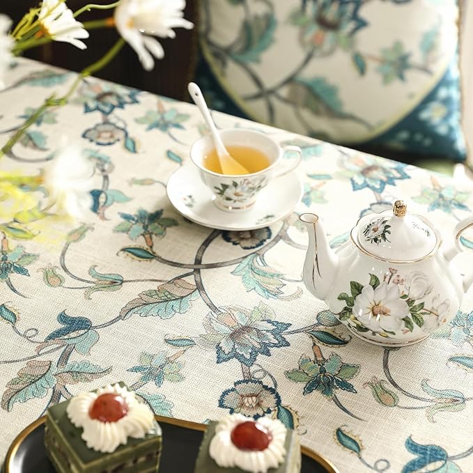 patdrea Designer Green Linen Table Cloth for Rectangle Table,Vintage Floral Pattern Durable Tablecloth,French Cover Decor for Kitchen Dining,Christmas,Thanksgiving,Tea Party,55"x79"-Noah