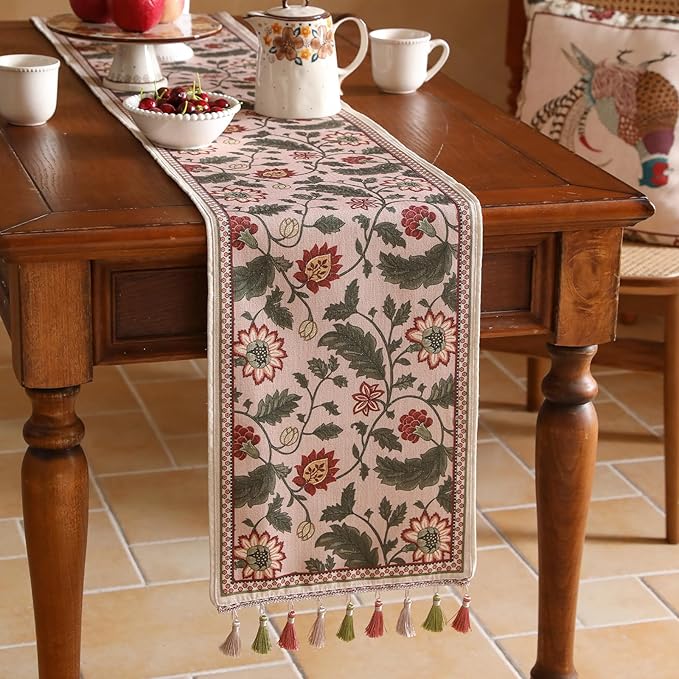 ISAENNE Designer Provence Elegant Linen Table Runner 102 Inches Long,Flower and Leaves Pattern Durable Table Runners for Dining Tables,Thanksgiving,Kitchen Tables,Christmas,12"*102"-Ratina