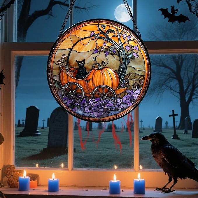Stained Glass Window Hanging - Halloween Pumpkin Carriage Black Cat Suncatcher for Doors Window Garden Spooky Sun Catchers Gothic Decor Horror Gifts for Women Men Friend Boy Girl 7.8 in