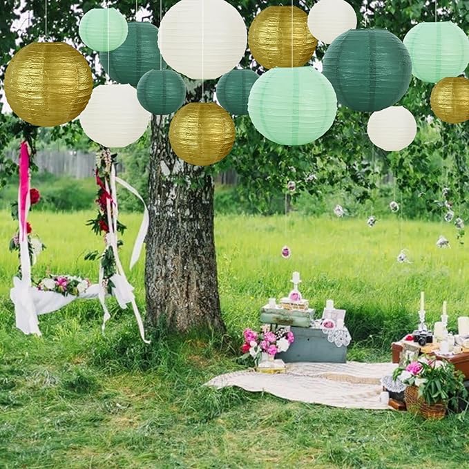 Paper Lanterns in Assorted Sizes, Sage Green, Forest Green, Gold and White