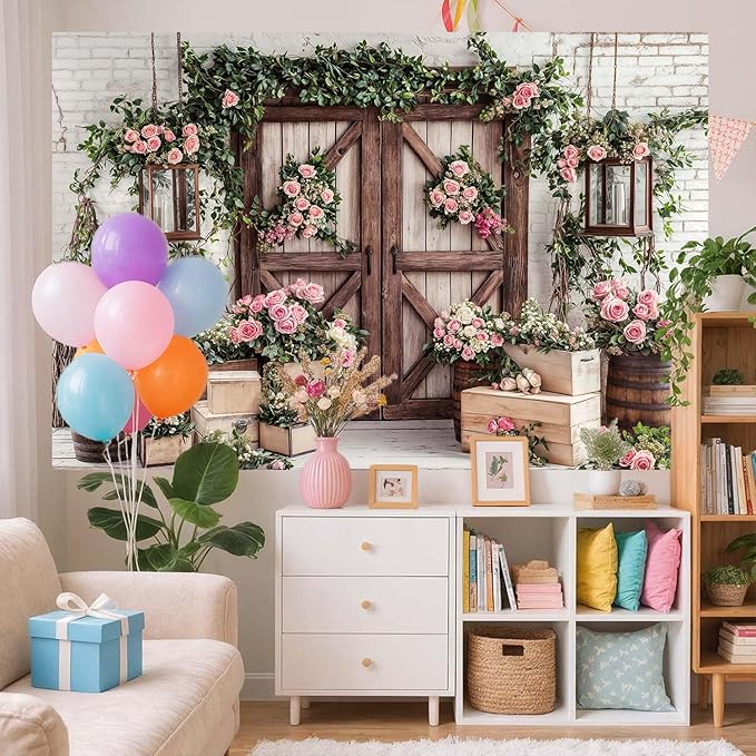 20x10ft Country Wedding Photography Backdrop Floral Rustic Roses Farmhouse Wooden Door Backdrop Pink Flower Birthday Baby Shower Wedding Bridal Party Banner Photo Booth Props Anniversary Background