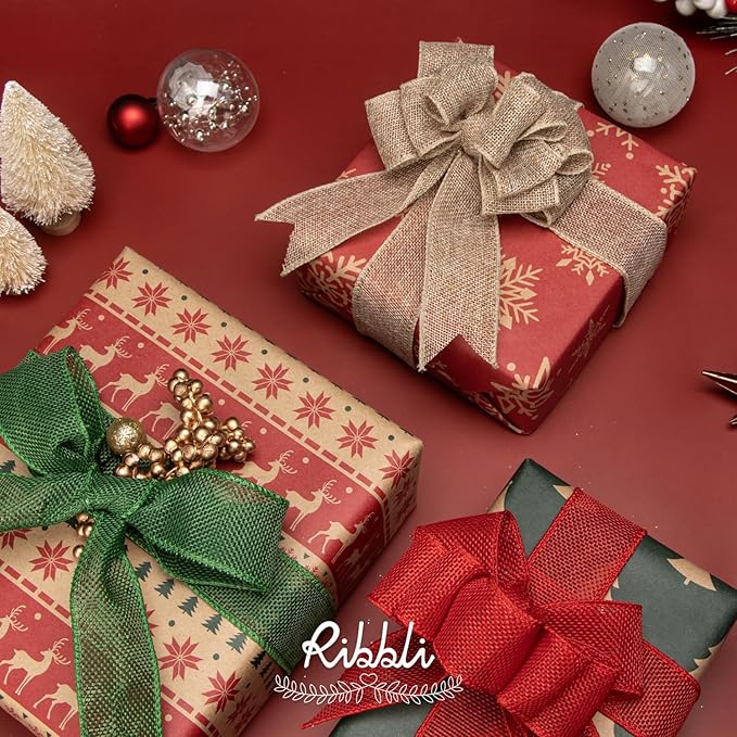 Ribbli Emerald Green Burlap Wired Ribbon,1-1/2 Inch x 10 Yard, Wired Edge Ribbon for Big Bow,Wreath,Tree Decoration,Outdoor Decoration