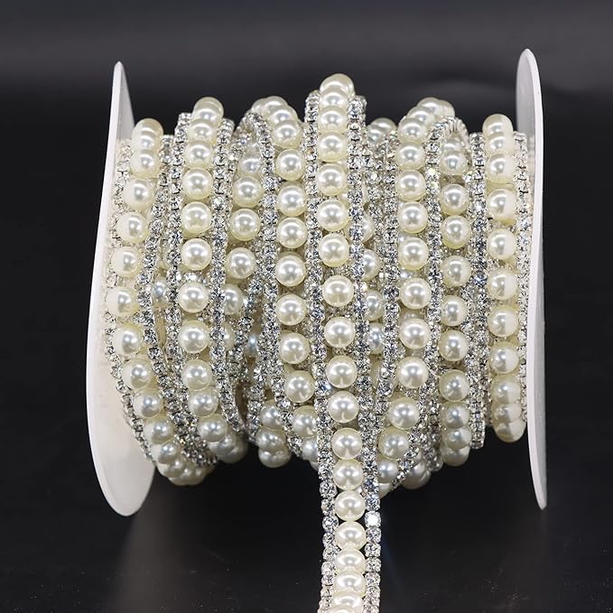 Jerler Rhinestone Trim Applique 2 Yards 2 Rows Crystal Chain Banding Diamond Inlaid White Pearl Beaded Rhinestones for Crafts Clothing and Bridal Embellishments Wedding Ideas Christmas Decorations