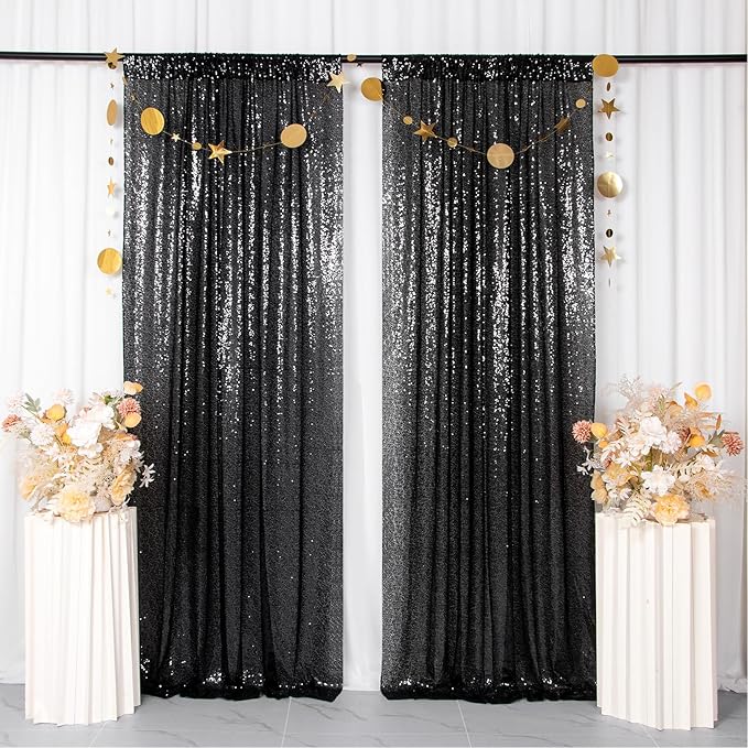 ShinyBeauty Black Backdrops 2 Pieces Sequin Curtains 4FTx7FT Photoshoot Background Glitter Backdrop Curtain Panels Shimmer Backgrounds for Wedding,Halloween,Party,Studio Decor(8FTx7FT)