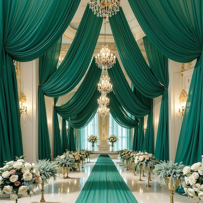 Wedding Arch Draping Fabric,2 Panels 18FT Emerald Green Sheer Chiffon Curtain Drapes 6 Yards for Wedding Ceremony Birthday Party Decoration