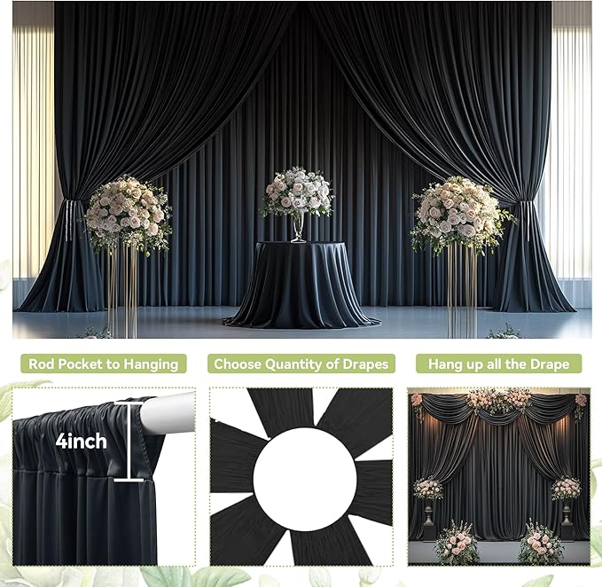 PartyVillage 50ft×15ft Black Backdrop Curtain for Halloween Parties, 10 Panels Wrinkle Free 15 FT Long Polyester Photo Backdrop Drapes Back Drop Cloth for Birthday Photography Background