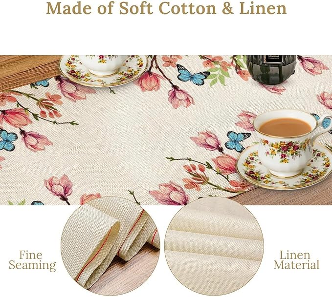 Flowers Table Runner,Floral Bird Butterfly Spring Table Cloth Kitchen Dining Table Home Party Decoration 13x120 Inch