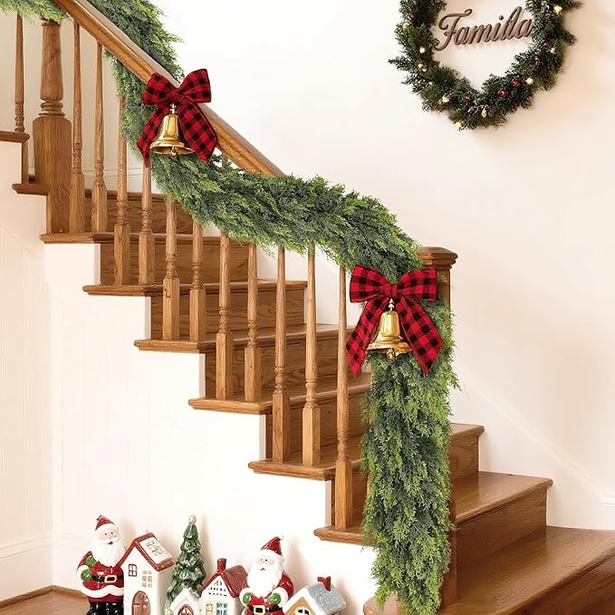 9FT Real Touch Cedar Garland - Artificial Christmas Garland Fake Green Faux Thick and Lush Pine Needles Garlands for Table Fireplace Mantle Holiday Home Indoor Outdoor Decor (1PCS)