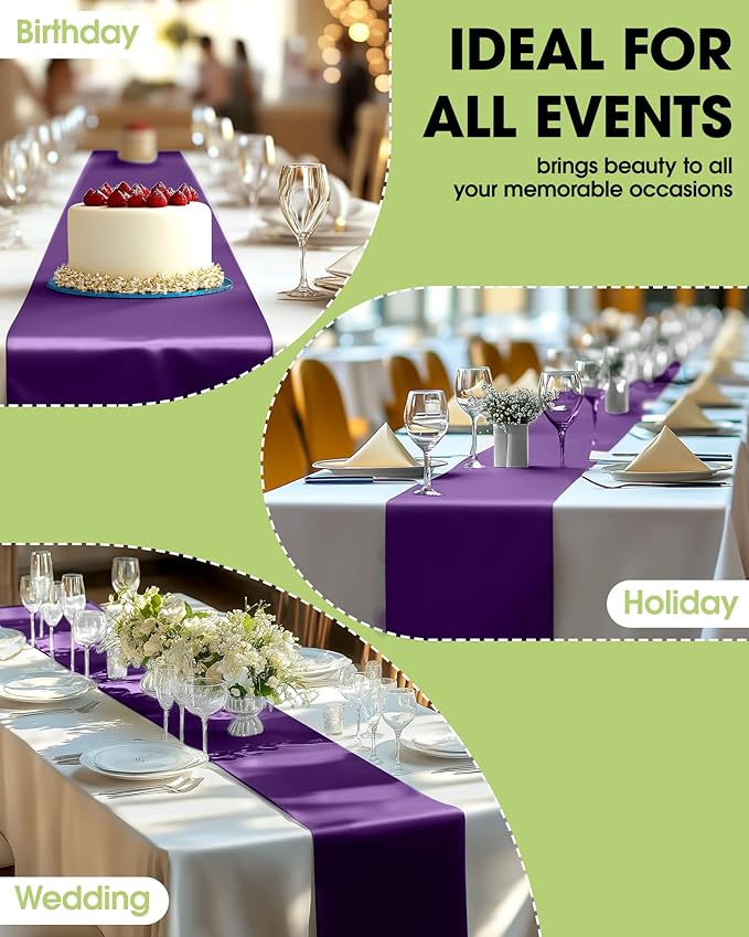 Pureegg Purple Plastic Table Runners - 10 Pack, 14'' x 108'', Water Resistant & Disposable Centerpiece Decorations for Table Cloth, Wedding, Birthday, Holiday, Baby Shower, Party, Home Decor