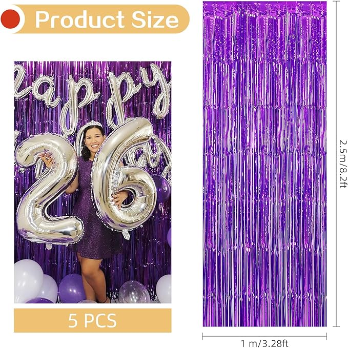 5 Pack Purple Fringe Backdrop 3.2ft x 8.2ft Foil Curtain Tinsel Foil Fringe Curtains Backdrop Tinsel Backdrop Streamers for Birthday Curtain Party Decoration Wedding Christmas Decoration (Purple)