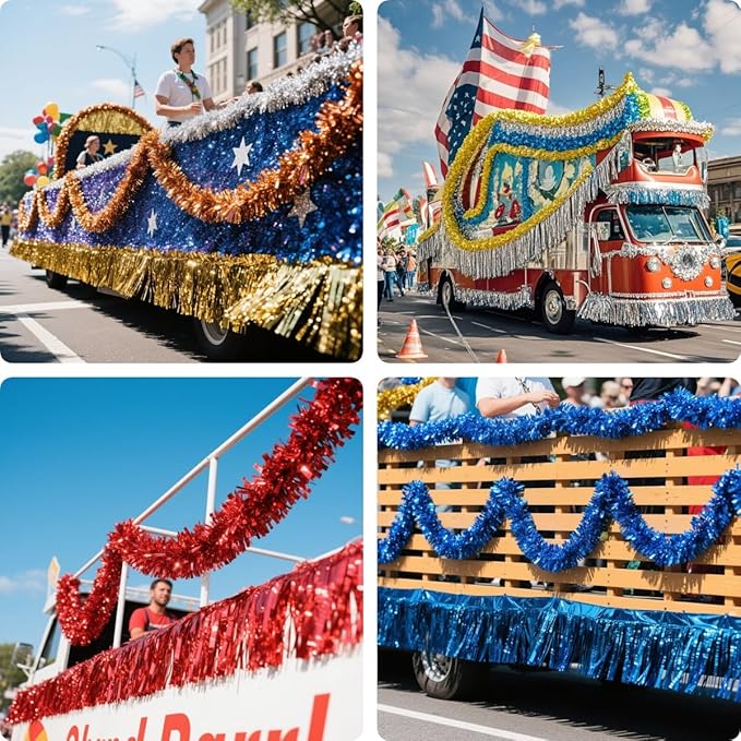 6 Pack Gold Total 60 Feet Foil Fringe Garland Metallic Tinsel Banner Wall Hanging Drapes Parade Float Skirting Decorations for Trailer Mardi Gras Party Birthday Wedding (Gold)