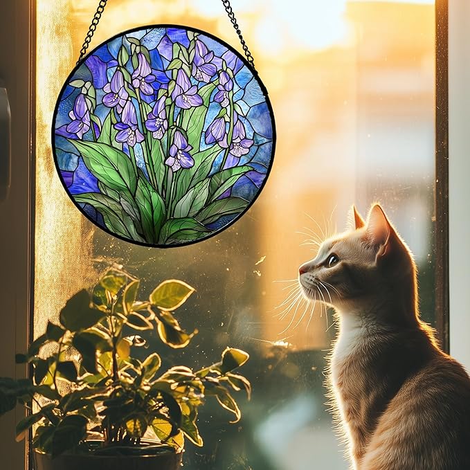 Stained Glass Suncatcher, Blue Purple Flowers Green Leaves Sun Catcher Plants Stain Glass Window Hanging Decoration Mother's Day Birthday Gifts for Women Men Mom and Nana 7.8 in