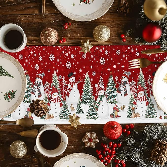 Christmas Snowman Cotton Linen Table Runner for Dining Kitchen, Xmas Tree White Snowflakes Winter Wedding Outdoor Party Tablerunners Decoration, Dresser Scarf Coffee Tablecloth Runners 13x108 Inches