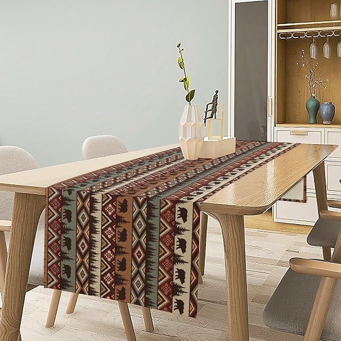 Retro Cabin Table Runner Rustic Bear Forest Farmhouse Lodge Jungle Table Runner for Dinner Party Living Room Kitchen Aztec Vintage 13x108 Inch