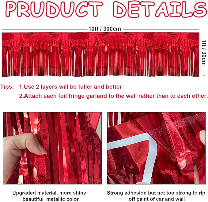 4 Pack 10 Feet Glitter Red Parade Float Decorations for Trailer Car, Glitter Foil Fringe Metallic Tinsel Streamers Banner Garland for Graduation Weeding Homecoming Birthday Party (Glitter- Red)