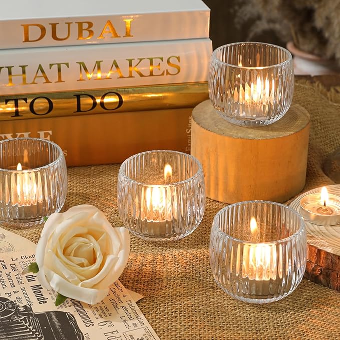 Set of 6 Ribbed Glass Votive Candle Holders, Clear Glass Tealight Holders for Taper Candles - Elegant Table Centerpieces for Weddings, Christmas, Parties, and Home Decor