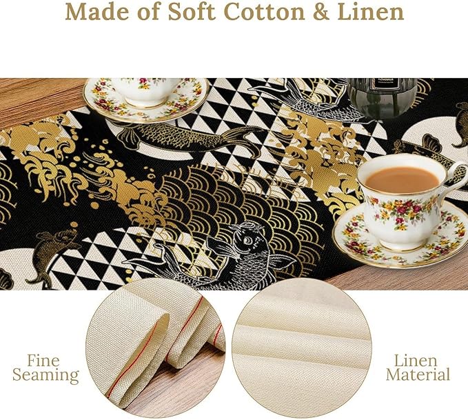 Japanese Table Runner Oriental Tradition Kio Fish Gold Art Printed Burlap Runner Home Kitchen Dining Table Living Room Decor Fabric 1 Panel W13xL70in