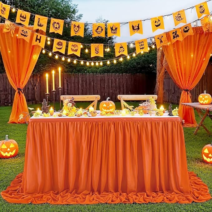 QueenDream 14FT Terracotta Chiffon Table Skirt Skirt Sheer Rectangle Tablecloth for Bridal Baby Shower Birthday Party Halloween Decoration