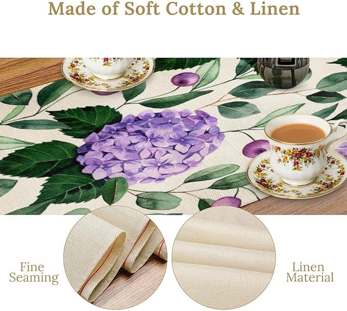 Spring Hydrangea Flower Table Runner, Seasonal Summer Plants Eucalyptus Leaves Purple Florals Dinner Runner for Home Kitchen Dining Table Party Holiday Decoration 13"x90"