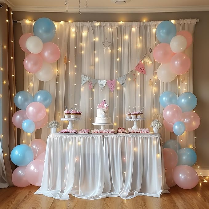 Fomcet Tulle Curtains with Lights String White 20FT X 8FT Sheer Backdrop Curtains for Parties Wedding Baby Shower Photo Shoot Decorations (4 Panels 5 x 8FT)
