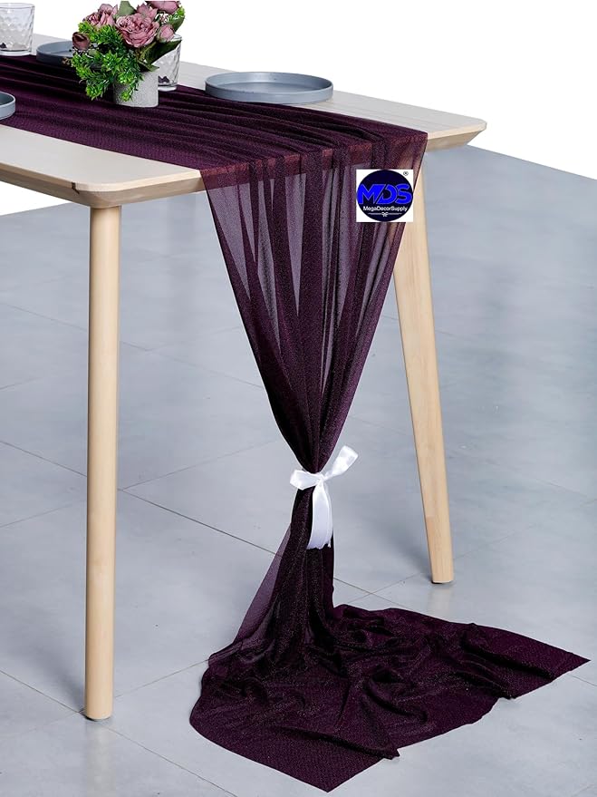 MDS Halloween Chiffon Table Runner - 20 Pack, 29 x 170 Inches, 14ft Each - Sheer Spooky Table Runners for Haunted House Parties, Trick-or-Treat Tables, Witchy Décor, Wedding & Events - Eggplant