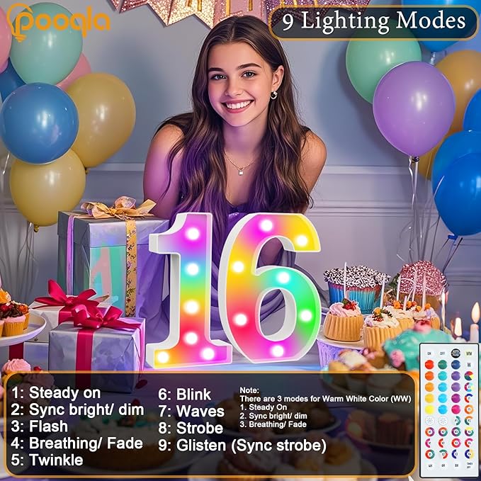 Pooqla Colorful Light Up Numbers, 35 Colors LED Marquee Number Lights for 4th Birthday Decorations with Remote, RGB Lighted Numbers for Party, Wedding, Bar, Night Light, Home Decor, Number 4