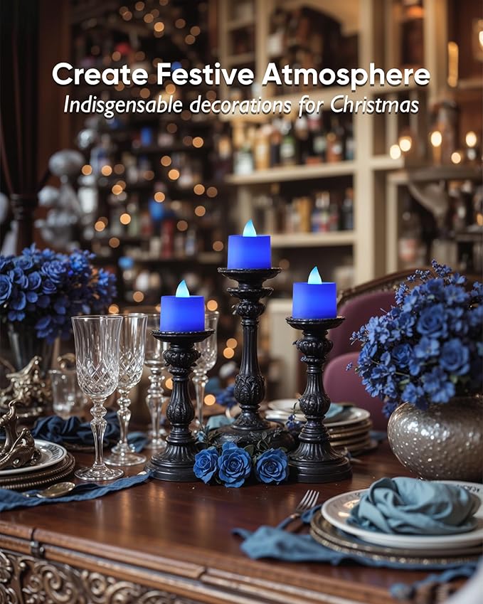 Amagic 24 Pack Blue LED Tea Lights, Flameless Votive Candles, Electric Fake Colored Candles, Battery Operated Tealights Candles for Halloween, Christmas, Home Decor, Wedding Table Centerpiece, Party