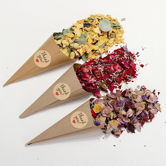PATIKIL Dried Flower Confetti Cones, 30Pcs Paper Tapers Cone Holder with Dried Rose Petal / Sticker for Wedding Party Engagement Birthday DIY Decoration, Yellow/Green