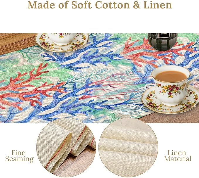 Summer Shell Starfish Table Runner, Seasonal Spring Summer Tropical Ocean Beach Indoor Party Kitchen Outdoor Table Decor 13x90 Inch