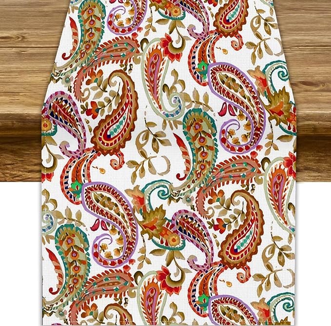 Colorful Paisley Table Runner, Boho Vintage Pink Red Teal Floral Leaves Print Table Runner for Home Kitchen Dining Table Holiday Party Decor, 13x108inch