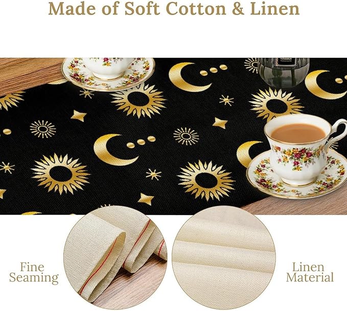 Magic Gold Sun Moon Stars Table Runner Mystical Farmhouse Rustic TableRunner for Party Holiday Dining Room Kitchen 13x60 Inch