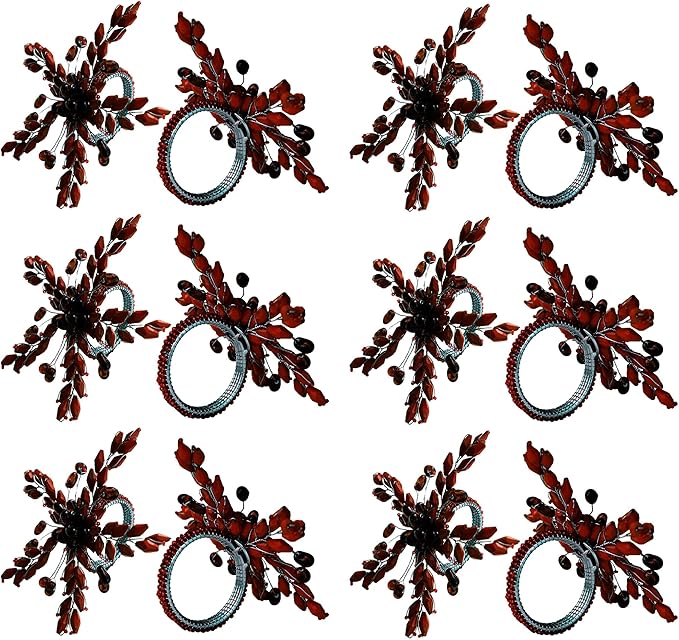 Napkin Rings Set of 12 for Dining Table Decoration Parties Everyday Metal Napkin Holder Leaf Wine (Pack of 12)
