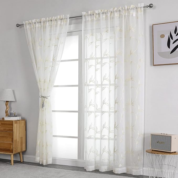 VISIONTEX Sheer Curtains 108 inch Length 2 Panels Set, White Voile Crushed Cream Vine Leaves Embroidery, Rod Pocket Embroidered Window Drapes for Living Room and Bedroom, 54" x 108"