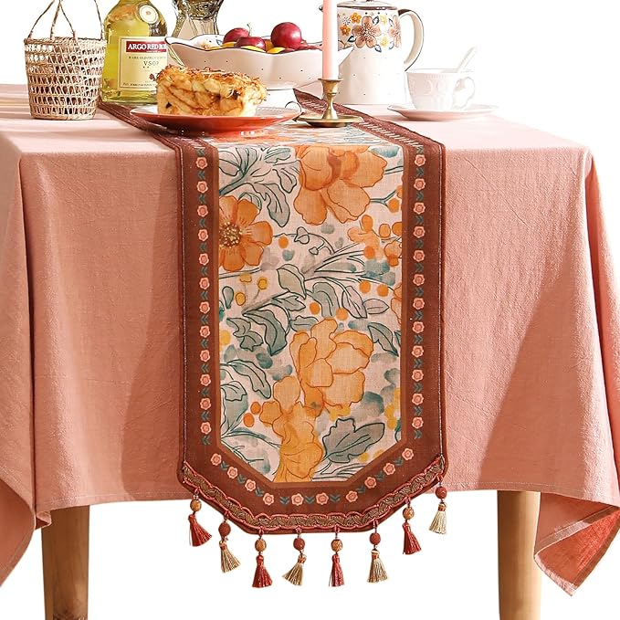 Designer Vintage Orange Floral Table Runner,French Soft Linen Farmhouse Table Runners 71 Inches Long,Decor Tabletop for Kitchen,Dining,Tea Party,Home,Christmas,12"*71"