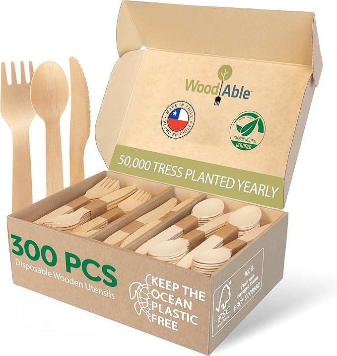 Wooden Party Forks, Spoons and Knives Set, 300 Pieces Splinter-Free