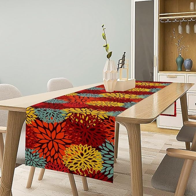 Red Yellow Dahlia Table Runner, Seasonal Autumn Thanksgiving Pattern Print for Home Kitchen Table Decor Dining Coffee Room Party Decor 13x90 Inch