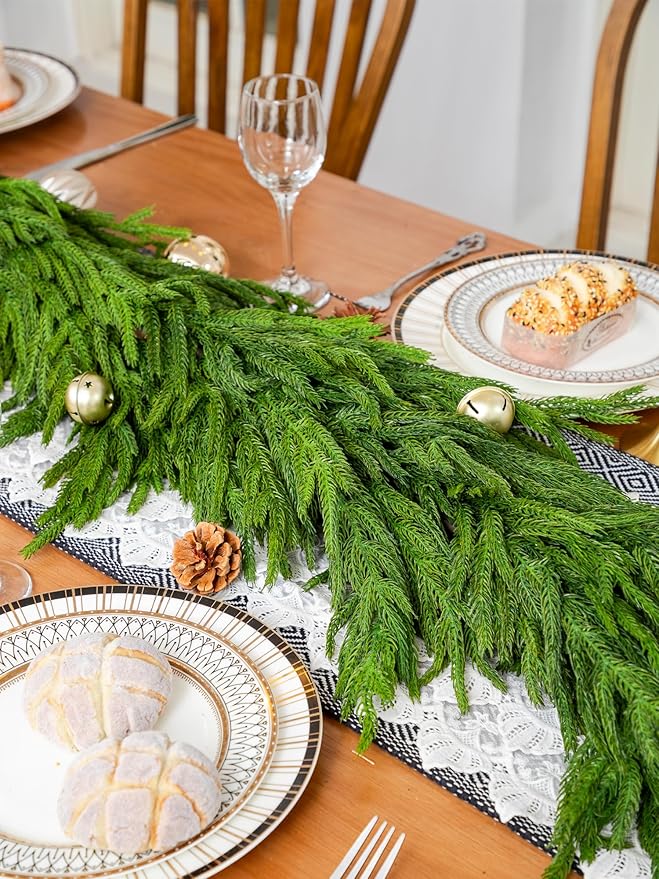 Garland with Dark Green Norfolk Pine Needles, 6 Ft Realistic Christmas Decor