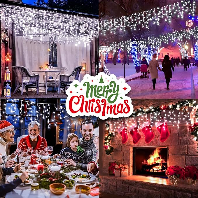 KNONEW 99ft 960 LED Christmas Lights Outdoor Decorations with 180 Drops, 8 Modes Curtain Fairy Light, Clear Wire LED String Light Indoor Decor for Wedding Party Christmas(Cool White)