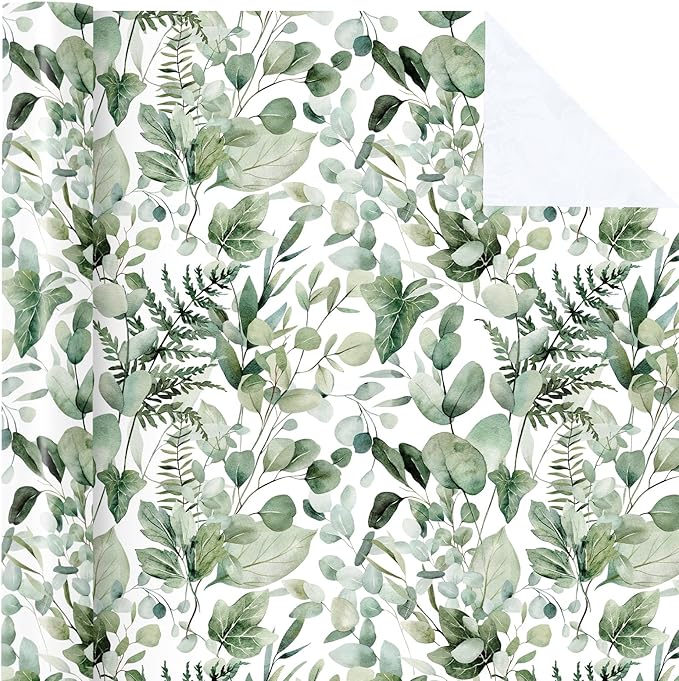 WRAPAHOLIC Eucalyptus Leaves Wrapping Paper Roll - Mini Roll - 17 Inch x 9.8 Feet - Greenery Wrapping Paper Perfect for Birthday, Wedding, Bridal Shower