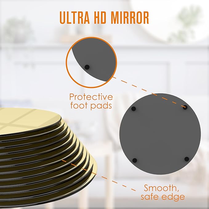 Houseables Gold Mirror Centerpieces For Tables, Round Mirrors For Centerpieces, Mirrored Trays, Round Table Plate Tray, Circle, Glass Charger, Wedding, Center Piece, Small, Base, Candle, 12 Inch, 12PK