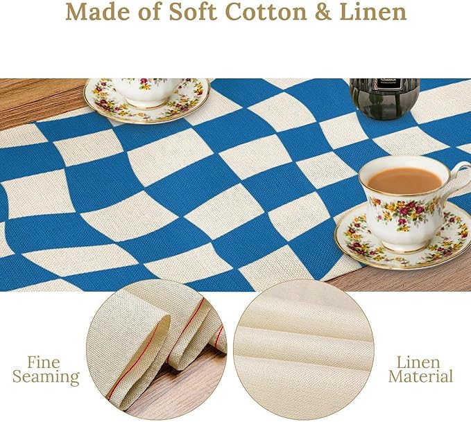 Table Flag Retro Plaid 60s70s Blue Plaid Table Flag Kitchen Restaurant Decoration Suitable for Indoor and Outdoor Festival Home Wedding Party Table Flag 13x36