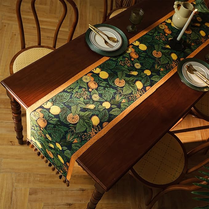 13×72 Inch Table Runner, Retro-Luxury Tassels Series for Kitchen Dining Table Holiday Decoration (Lemon Garden)